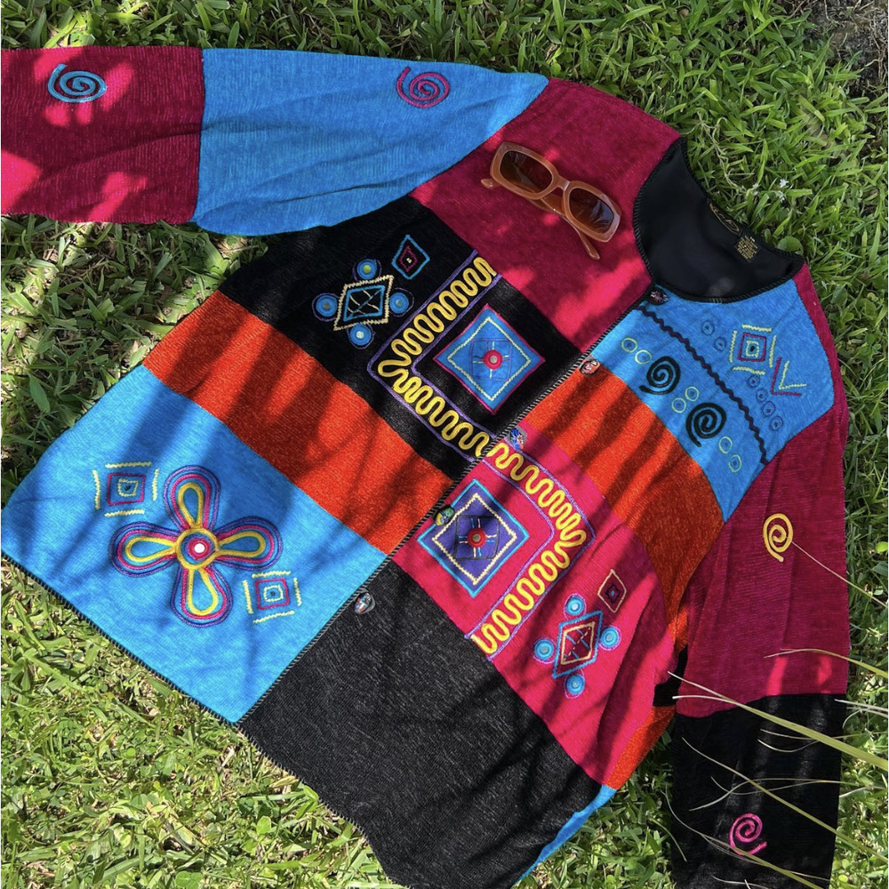Vintage Funky Embroidered Patchwork Button Up Jac… - image 1